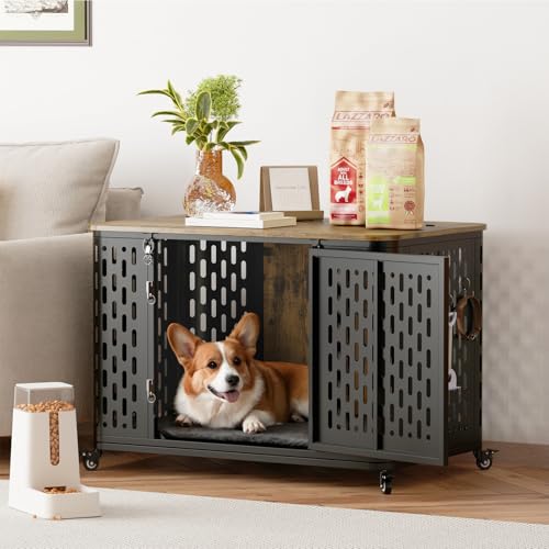 ONBRILL Dog Crate with Cushion, 38" Wood Heavy Duty Dog Crate Furniture with Flip Top & Wheels for High Anxiety Dog, Escape Proof Pet Cage for Small/Medium Dogs - size: 38.2"L x 27.2"W x 24.4"H