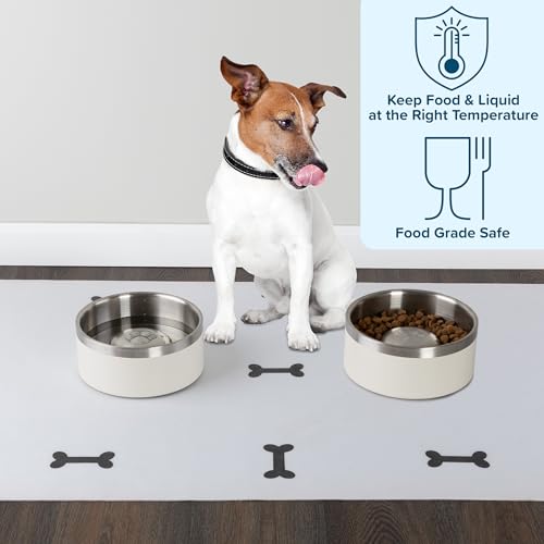 Set of 2 Stainless Steel Slow Feeder Dog Bowls - 60oz/7.5 Cups Double Wall Insulated Food and Water Bowls for Dogs - Non Slip Metal Pet Dishes for Medium to Large Sized Pets by PETMAKER (Cream) - size: 60oz