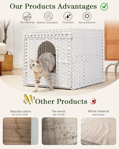 SETVSON Cat Litter Box Enclosure Furniture, Large Hidden Litter Box Furniture, Handwoven Rattan Cat House Cabinet, One Mat, Two S-Shaped Hooks, Living Room, Apartment 21.6 X 26 X 21.6 Inches, White - color: White, size: XL
