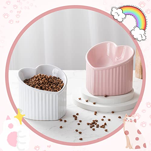 Mumufy 2 Pcs Ceramic Elevated Cat Bowls Tilted Elevated Raised Pet Bowls Anti Vomit Cat Dish for Indoor Stress Free Water Dish Feeder for Puppies, Heart Shaped(Pink, White) - color: Pink, White