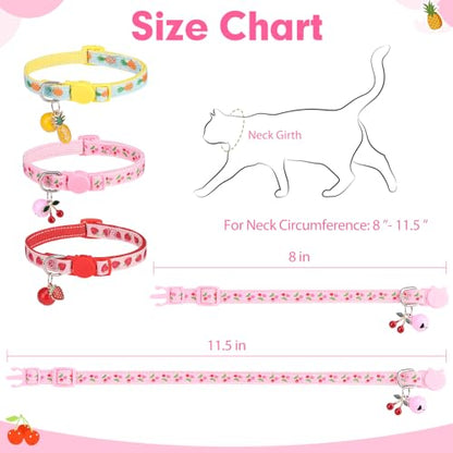 BINGPET Breakaway Cat Collar with Bell, 3 Pack Cat Collars for Girl Cats, Cute Kitty Collars Accessories with Pineapple & Cherry & Strawberry - color: Fruit-3pcs