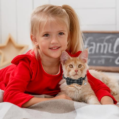 Jeffdad 2Pcs Cat Collar Breakaway, Cat Collar with Bells Bowtie Plaid Cat Collar Adjustable for Kitten Puppy and Small Pets (Black and Gray Plaid) - color: Black and gray plaid