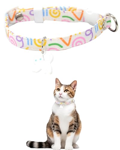 GoldTiger Graffiti Cat Collar with Breakaway and Cute Cat Charm，Adjustable Size 7.87~11.81 Inches for Medium to Small Cats (White) - color: White