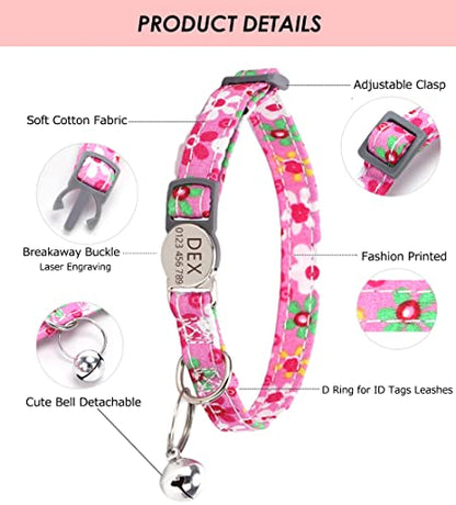 Personalized Breakaway Cat Collar with Bell - Name and Phone Number Engraved for Boys and Girls Kitten (Floral) - color: Floral