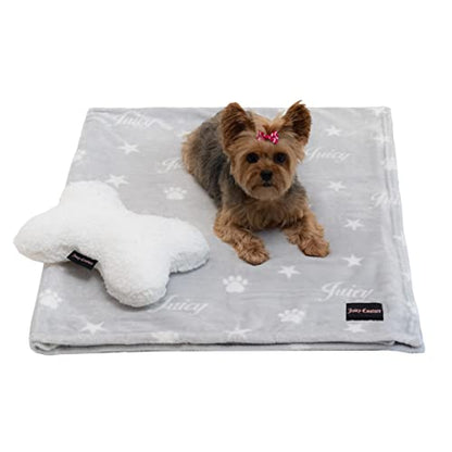Juicy Couture Grey Paws and Stripes Dog Blanket with Sherpa Bone Shaped Pillow – Plush Puppy Blanket Throw, Breathable, Lightweight, Machine Washable, Cat Blanket for Small Medium & Large Pets - color: Grey Juicy Paws and Stars