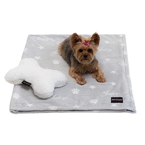 Juicy Couture Grey Paws and Stripes Dog Blanket with Sherpa Bone Shaped Pillow – Plush Puppy Blanket Throw, Breathable, Lightweight, Machine Washable, Cat Blanket for Small Medium & Large Pets - color: Grey Juicy Paws and Stars