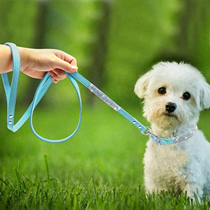 Rhinestone Bling Leather Dog Collar and Leash Set, Cute Dazzling Sparkling Soft Velvet Dog Cat Collar Crystal Diamond Puppy Collar (XXS, Light Blue1) - color: Light Blue1, size: XXS