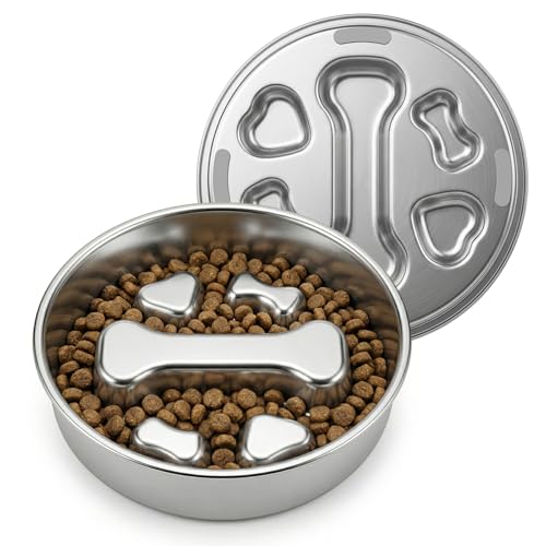 1 to 2 Cups Stainless Steel Slow Feeder Dog Bowl, Metal Slow Eating Feed Dog Bowl with Non-Slip Rubber Base, Slowfeeder for Puppies, Small and Medium Dogs Feeding - size: 1-2 Cups