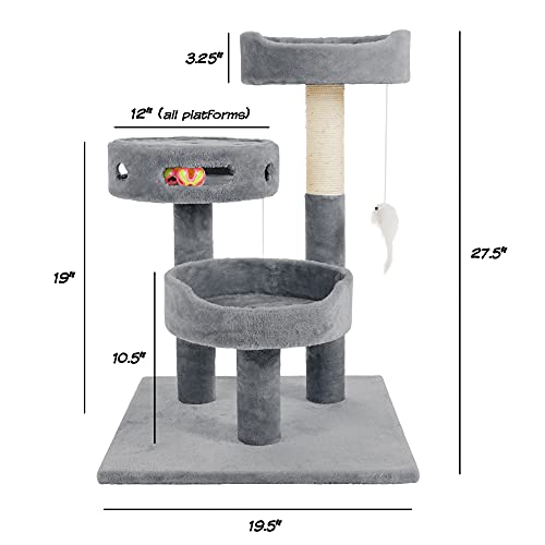 3-Tier Cat Tower with Sisal Rope Scratching Post, 2 Carpeted Napping Perches, Hanging Mouse, and Interactive Toy for Indoor Cat Use by PETMAKER (Gray) - color: Gray