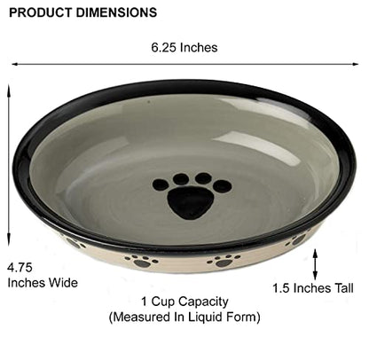 PetRageous 44247 Oval Metro Paws Stoneware Cat Bowl 6.25-Inch Wide and 1.5-Inch Tall Saucer with 1-Cup Capacity and Dishwasher and Microwave Safe for Small Dogs and Cats, Multicolored,Black