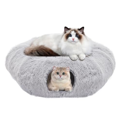 Cat Tunnels for Indoor Cats, Cute Donut Turnel Toys for Small Large Cats with Washable Circle Cushion，3-in-1 Foldable Playground & Cozy Cave Bed for, Kittens Puppy Rabbits - color: Grey