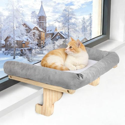 Cat Window Perch with Bolster, Large Hammock Bed for Indoor Cats, Solid Wood & Metal Frame Mounted Perch, Cozy Sunbathing Lounge Bed, 25” Wide (Grey Bed) - color: Gery