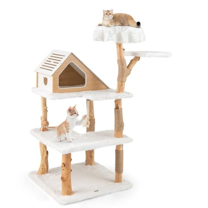 Tangkula Solid Wood Cat Tree, Modern Wooden Cat Tower with Jute Scratching Posts, 2 Perches, Condo, Sisal Rope, Soft Long Plush, 60 Inch Tall Cat Tree Tower for Indoor Cats Large Adult - style: Triangle Condo