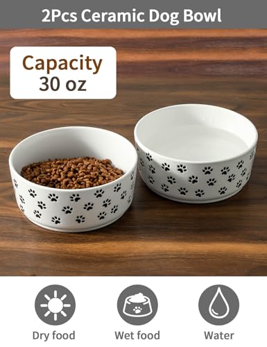 UBEE 6.5 inch Dog Bowls Set of 2, Ceramic Dog Food Water Bowl Dish with Paw Pattern, Pet Food Water Dishes Feeding for Small and Meidum Dogs and Large Cat, White - color: White-paw, size: 6.5 inch x 2