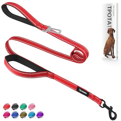 6 Foot Red Dog Leashes for Large Medium and Small Breed Dogs That Pull,Reflective Nylon Heavy Duty Dog Leash with 2 Comfortable Padded Traffic Handles and Car Seat Belt for Walking and Training - color: Fiery red