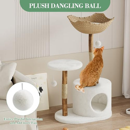 Modern Cat Tree, Solid Wood Cat Tree Tower with Hand-Woven Basket Cat Condo, Natural Jute Scratching Posts Modern Cat Tower with Plush Perches & Dangling Balls, Cat Trees for Kittens & Adult Cats - size: One Branch