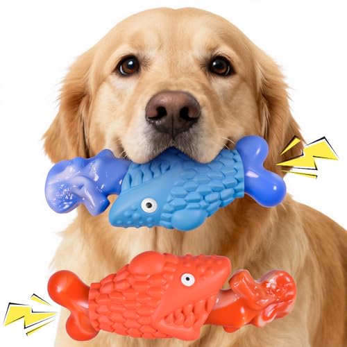 Kseroo Tough Dog Toys for Aggressive Chewers: 2 Pack Indestructible Dog Toys to Keep Them Busy, Tough Chew Toys for Large Dogs, Nylon & Rubber Dog Chew Bones, Squeaky Dog Toy for Large Breed - color: Blue&Red Fish