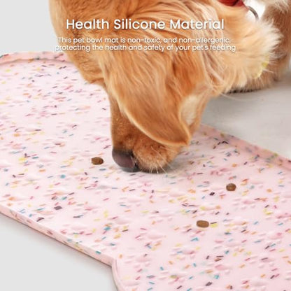 PWTAA Dog Food Mat Anti-Slip Silicone Dog Bowl Mat Thicker Pet Placemat Waterproof Cat Feeder Pad with Raised Edge Puppy Kitten Feeding Mats Suitable Small Medium-Sized Dogs Cats Eating Tray - color: Donut Pink, size: 19.4" x 9.8"