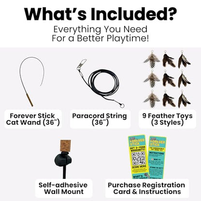 Forever Stick and 9 Cat Feather Toy Refills - The Unbreakable Cat Wand Toy, Durable Cat Toy Wand, Extra Long Cat String Toy, Cat Fishing Pole Toy for Bored Indoor Adult Cats, Cat Stick Toy - size: Forever Stick and 9 Feather Toys
