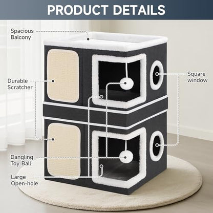 2-Storey Cat House for Indoor Cats, Separate Into 2 Large Cat Bed Cave with Hideaway Condos, Scratch Pads, Hanging Balls, Foldable Indoor Cat House, Cat Cube for Multiple Cats Kitten, Black - style: Black