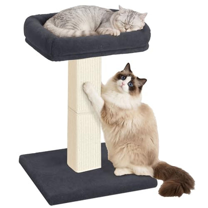 Cat Scratching Post, 32”Cat Scratcher with Large Plush Perch, Sisal & Carpet Scratching Post, Vertical Posts with Elevated Bed for Indoor Cats, Removable& Washable Cover, Dark Grey - color: Dark Grey with Bed