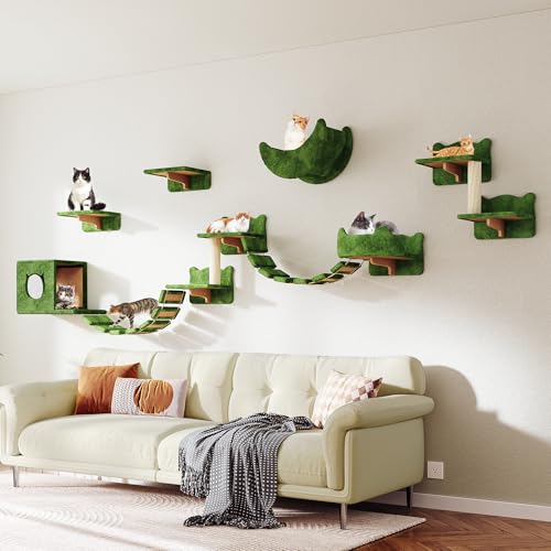 13-in-1 Cat Wall Shelves, Wall Mounted Cats Furniture Set with Plush Fabric, Cat Climbing Wall Systems, Cats Shelf with Moon Hammock, Condo, House, Step, Bridge Ladder, Scratching Post, Green - color: Green, size: 13-in-1