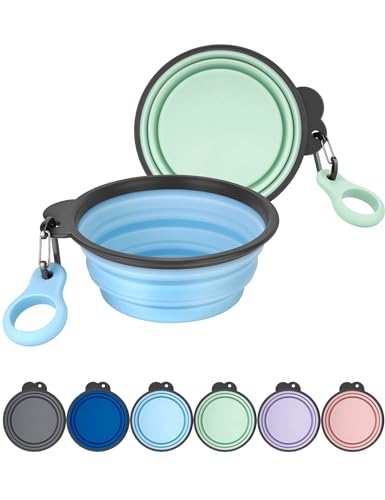 Aonkey Collapsible Dog Bowls with Bottle Carrier, 2 Pack Travel Dog Water Bowl Upgraded Carabiner, One-piece Molded Rim No Fall Off or Crack, Foldable Silicone Portable for Pets Walking Hiking 15oz - color: 3. Sky Blue & Sprout Green, size: Small (Pack of