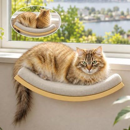 Cat Wall Shelf with Curved Hammock Bed, Wall Mounted Cat Perch with Beige Soft Foam Cushion, Floating Wall Furniture for Climbing, Sleeping & Lounging - color: Foam/Felt-Wood, size: 1 Curved Bed