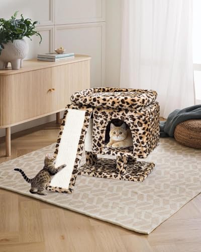 SYANDLVY Small Leopard Print Cat Tree with Perch for Indoor Cats, Cat Tower with Scratching Post, Modern Activity House for Large Cats, Condo with Board, Kittens Cave - color: Leopard Print