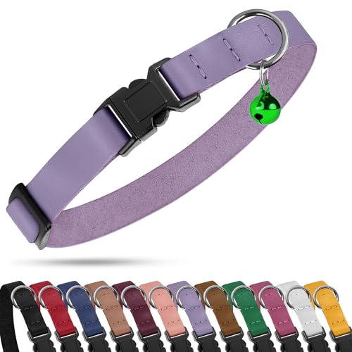 Breakaway Cat Collar with Bell - Leather Adjustable Kitten Collars with Safety Quick Release Buckle - Soft Small Pet Collars for Girl & Boy Cats (Lavender) - color: Lavender