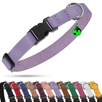 Breakaway Cat Collar with Bell - Leather Adjustable Kitten Collars with Safety Quick Release Buckle - Soft Small Pet Collars for Girl & Boy Cats (Lavender) - color: Lavender