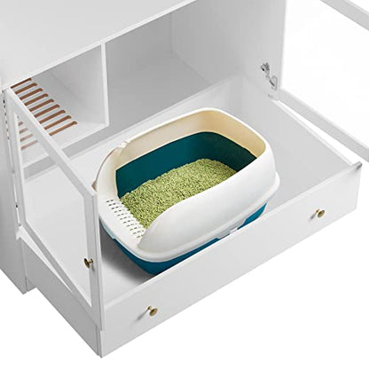 Extra Large Cat Litter Box Enclosure Furniture Hidden, Cat Condo Cabinet Pet House with Stairs for 2, Nightstand Side Table with a Drawer for Living Room, White - color: White