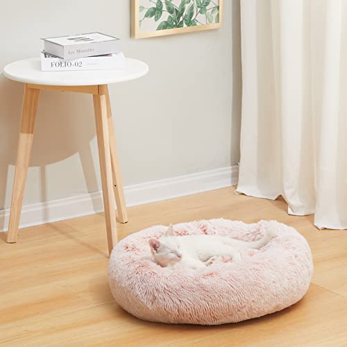 Bedfolks Calming Donut Dog Bed Cat Bed, 23 Inches Round Fluffy Dog Beds for Small Dogs, Machine Washable Anti-Anxiety Plush Puppy Bed（Pink, Small） - color: Pink, size: 23.0"L x 23.0"W x 7.0"Th