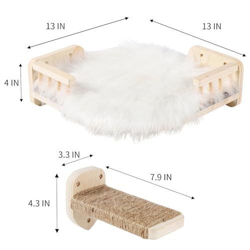 Cat Wall Shelves with 3 Steps Scratch Post, Climbing Shelf and Hammock for Indoor Cats (Wood)