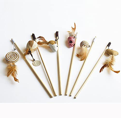 Artshu 6pcs 40cm Feather Linen Wand Cat Catcher Teaser Stick Interactive Toys Wood Rod Mouse Toy with Mini Bell