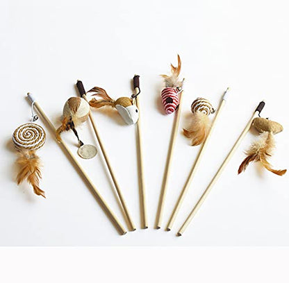 Artshu 6pcs 40cm Feather Linen Wand Cat Catcher Teaser Stick Interactive Toys Wood Rod Mouse Toy with Mini Bell