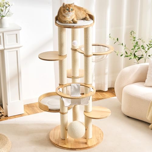 Modern Cat Tree Tower with Scratching Post for Indoor Cats Large Adult, 54 inch Tall Solid Wood Multifunctional Cat Tree Tower with Bed, Dangling Ball, Space Capsule, Scratcher Ball, Multiple Cats Use - color: White, size: 54 inch