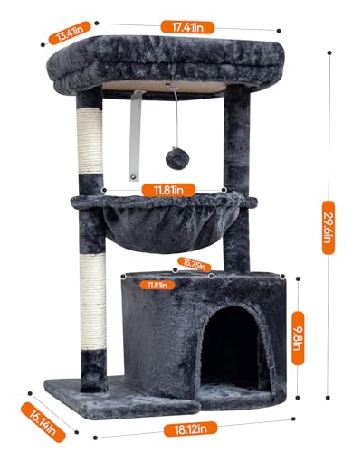 SYANDLVY Small Cat Tree for Indoor Cats, Cat Tower with Scratching Post, Modern Cat House with Padded Perch, Kittens Condo with Cradle, Smoky - color: Smoky Grey