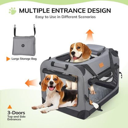 Morpilot 32-inch Portable Collapsible Dog Crate: Travel Dog Crate Soft-Sided for Medium Large Dogs up to 70lbs, with Foldable Bowl, Shoulder Strap & Storage Pockets, Grey - size: XL-31.9" × 22.8" × 22.8"