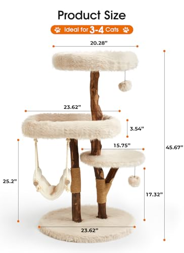 Letkind Modern Cat Tree Tower for Large Indoor Cats, Perches-Natural Solid Wood Cat Tower with Sisal Scratching Post, Perches, Hammock & PlayBalls, Aesthetic Boho Cat Furniture - size: 46" Wood Cat tree