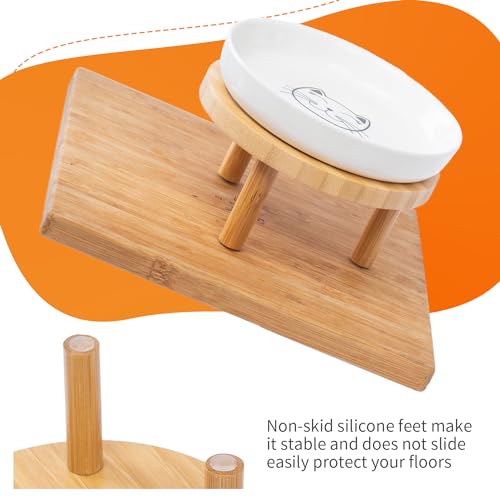 Lusifaco Shallow Elevated Cat Bowls,5.9 Inch Wide Raised Ceramic Cat Dishes with Bamboo Stand, Whisker Friendly Pet Water or Food Plates Feeding Station for Indoor Cats, Kitten(White,Set of 1) - color: White