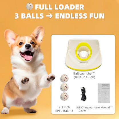 Automatic Dog Ball Launcher-Small Silent Dog Ball Thrower, 3 Adjustable Distances (20ft/33ft/46ft), Rechargable,Includes 3 Durable 2.3" Balls for Small/Medium Dogs (Yellow, Medium) - color: Yellow