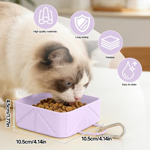 Collapsible Pet Bowls for Dogs and Cats, Portable Travel Silicone Foldable Dog Water Food Bowl with Carabiner 10.5x10.5x4.5cm - color: Purple