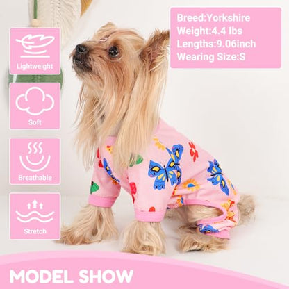 Dog Pajamas Small Sized Dogs Stretchable Summer Dog Clothes Pjs 4 Legs Girl Boy Cute Soft Puppy Outfits Doggie Cat Jammies Jumpsuit Sleeper for Pet, Butterfly, M - color: Butterfly, size: Medium (Chest 15in )
