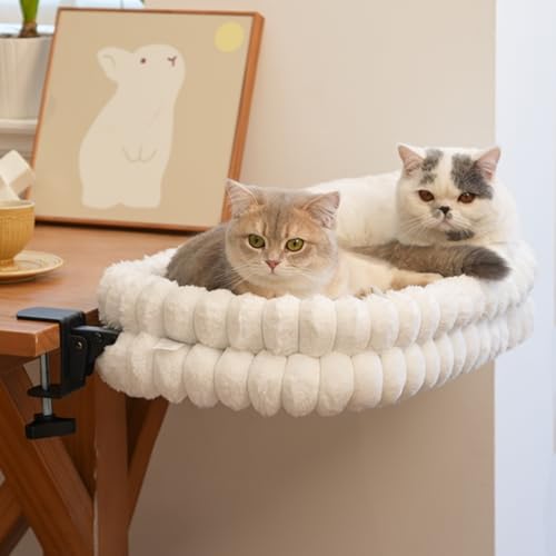 Cat Desk Bed with Reversible Cushion, 90°Foldable Cat Hammock for Desk Mounted, Suitable for Medium-to-Large Cats and Puppy, Clowd Series(White, Large) - color: White, size: Large