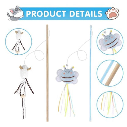 NOWFRESH Cat Wand Toy Set, 2 PCS Interactive Cat Teaser Wands with Cute Kitty & Rabbit Designs, Equipped with Bells and Streamers to Captivate Your Cat’s Attention - color: kitty and rabbit