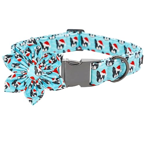 Dog Collar, Christmas Blue Pet Collar with Flower Holiday Girl Boy Puppy Collar Adjustable for X-Small Dogs - color: Dog, size: X-Small (Pack of 1)