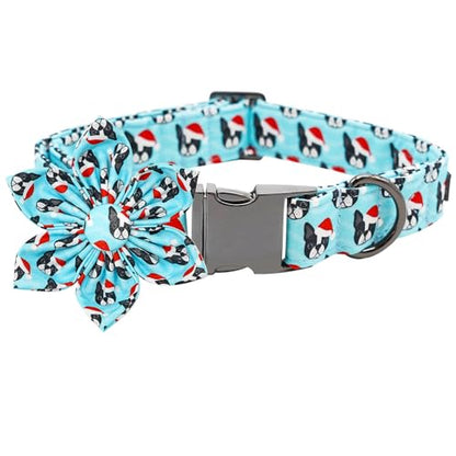 Dog Collar, Christmas Blue Pet Collar with Flower Holiday Girl Boy Puppy Collar Adjustable for X-Small Dogs - color: Dog, size: X-Small (Pack of 1)
