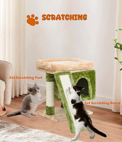 SYANDLVY Small Cat Tree for Indoor Cats, Cat Tower with Scratching Post, Modern Activity House for Large Cats, Condo with Board, Kittens Cave - color: Beige & Green