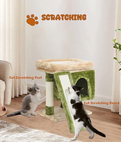 SYANDLVY Small Cat Tree for Indoor Cats, Cat Tower with Scratching Post, Modern Activity House for Large Cats, Condo with Board, Kittens Cave - color: Beige & Green